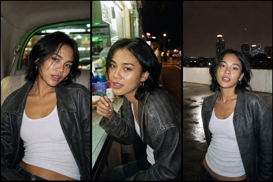 The same photorealistic AI character across three candid Bangkok scenes