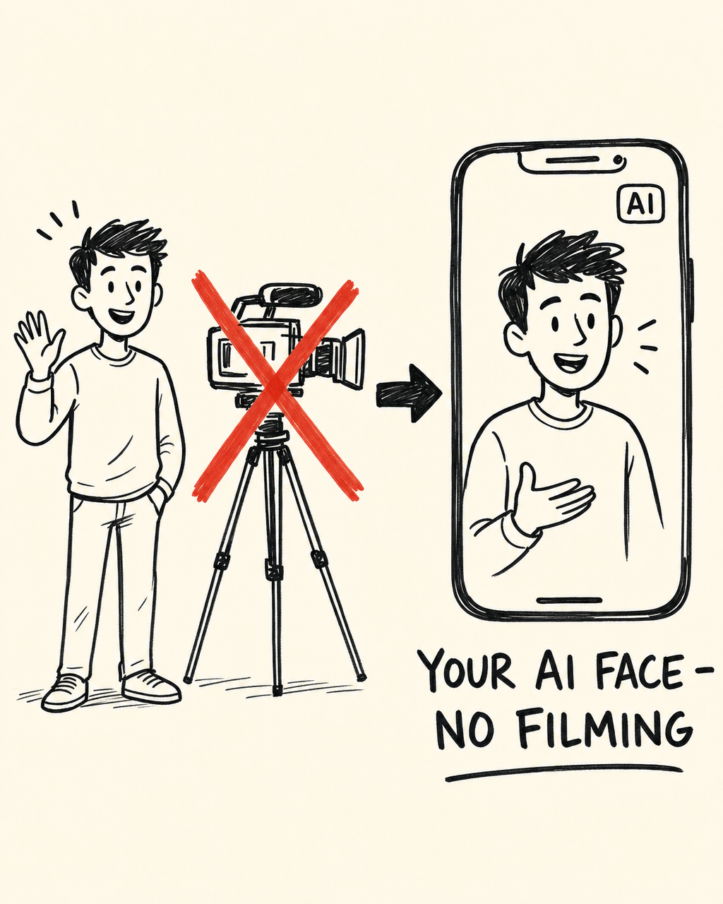 Your AI face fronts the content - no filming